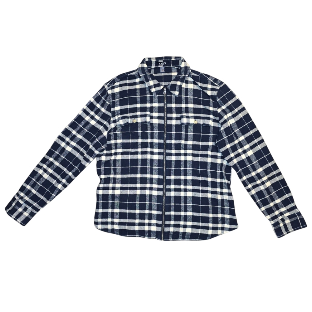Chaps Denim Plaid Flannel Shirt Women's XL Full Zip Long Sleeve Shacket